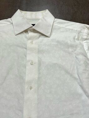 David Donahue Trim Fit Paisley Jacquard White Long-Sleeve Dress Shirt
